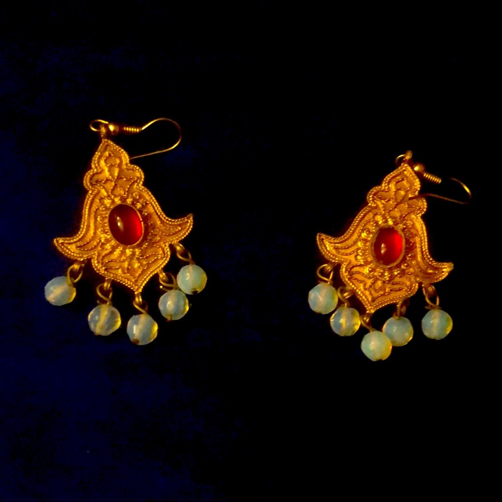 Antique earrings. Real red stone. Brass.